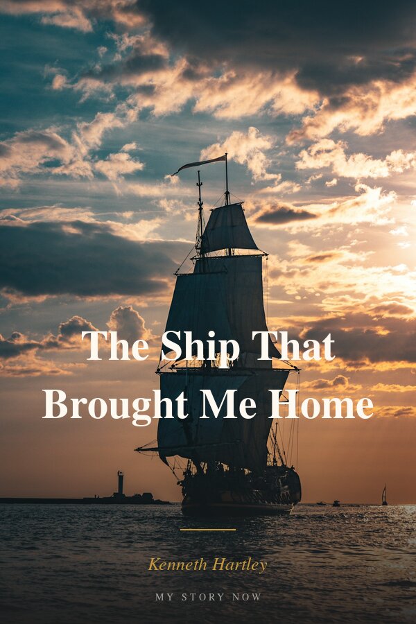 Book cover: The Ship That Brought Me Home by Kenneth Hartley - a tall historic vessel silhouetted at twilight on calm water