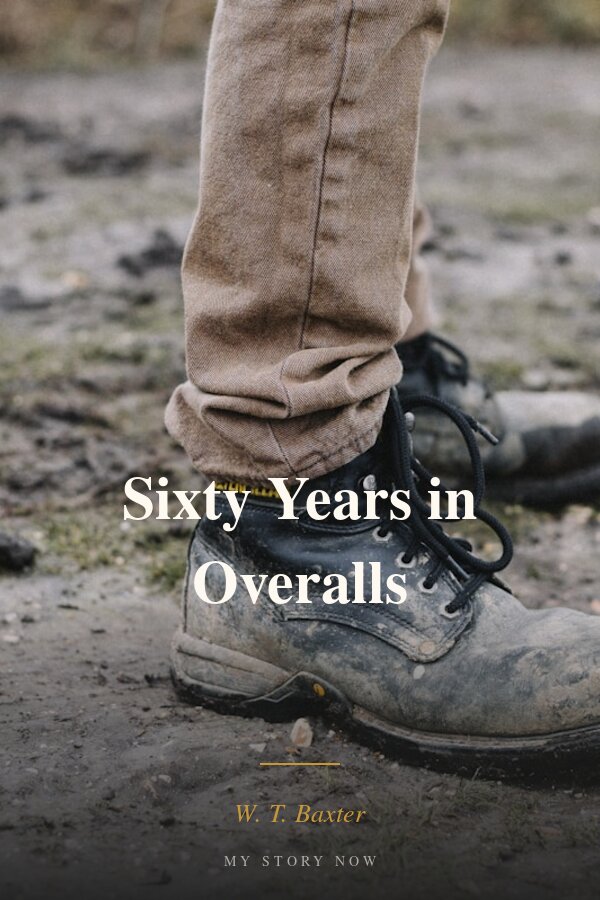Book cover: Sixty Years in Overalls by W. T. Baxter - muddy work boots on a dirt path